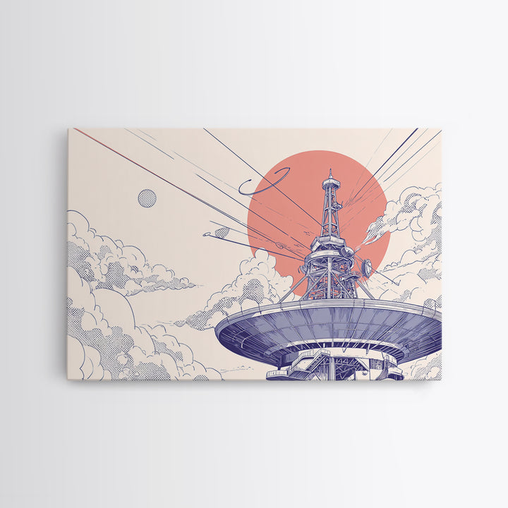 Retro Satellite Dish Under Coral Sun Wall Art, Mid Century Modern Space Poster, Sci Fi Architectural Print, Office Wall Decor
