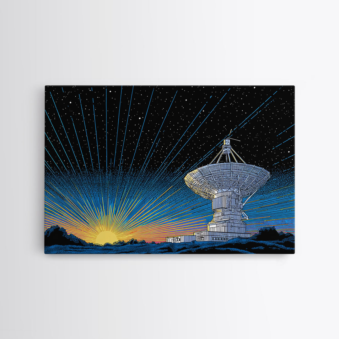 Starry Radio Telescope Sunrise Canvas Print, Mid Century Modern Wall Art, Retro Space Poster, Astronomy Home Office Decor