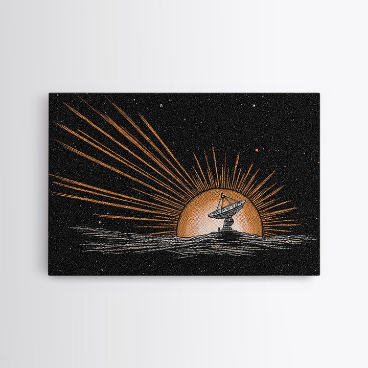 Tiny Satellite Dish On Orange Planet Wall Art, Retro Sci Fi Space Poster, Mid Century Modern Abstract Art Print, Man Cave Decor