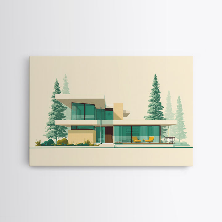 Minimal Glass House With Pines Framed Canvas Print, Mid Century Modern Architecture Wall Art, Scandinavian Modern Home Decor