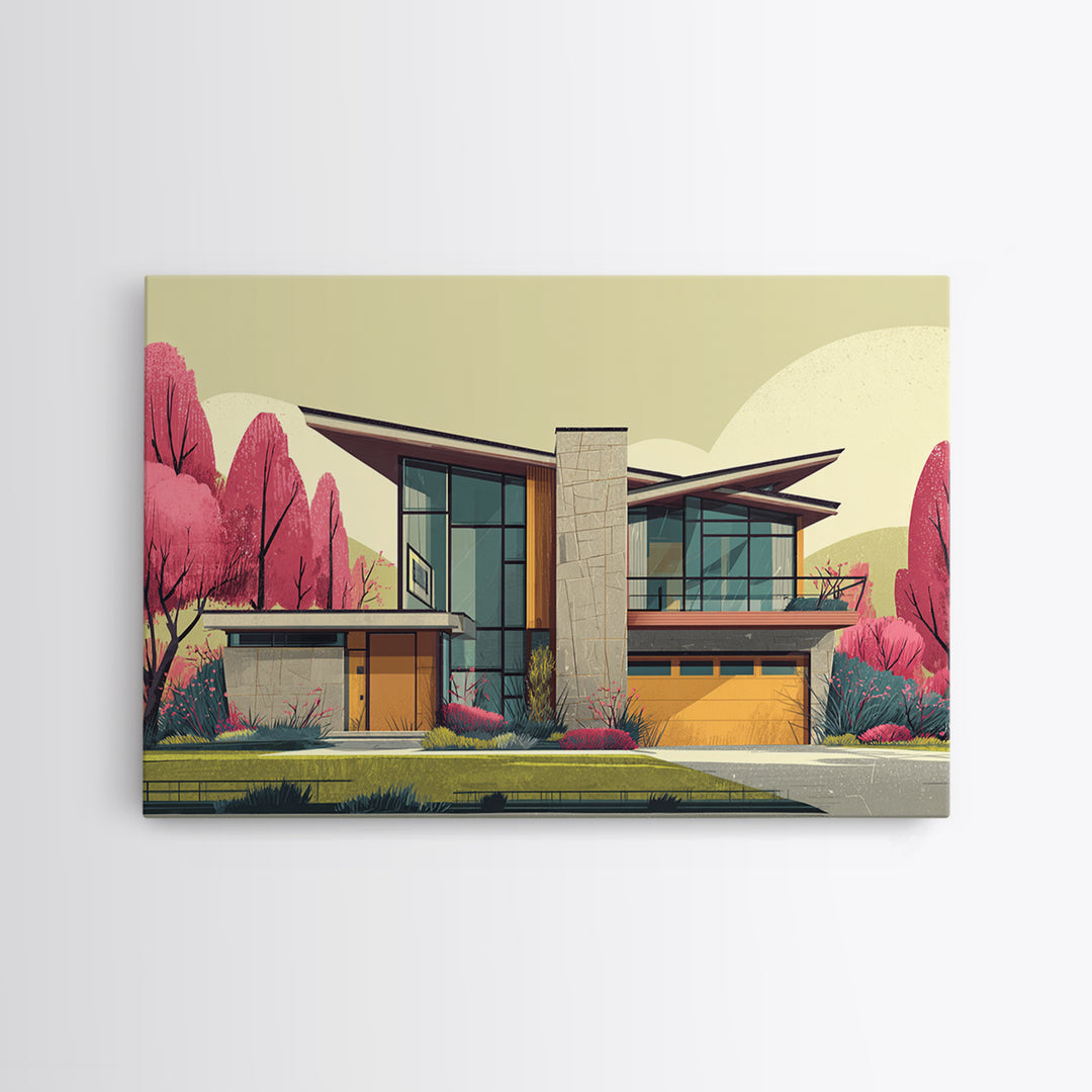 Angular Modern Home With Pink Trees Wall Art, Mid Century Modern Architecture Print, Colorful Retro Home Decor, MCM Poster