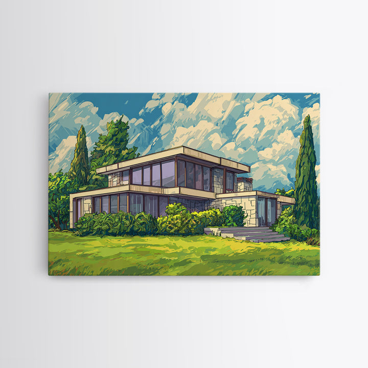 Sunlit Glass Villa And Cypress Garden Canvas Print, Mid Century Modern Wall Art, Architectural Landscape Poster, Living Room Decor