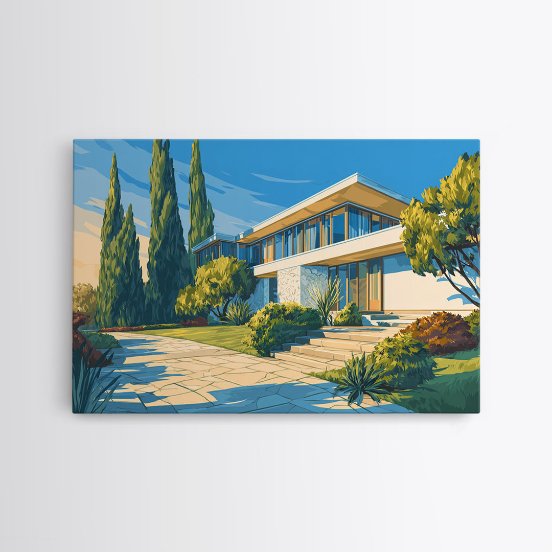 Blue Sky Modernist Villa With Cypress Framed Canvas Print, Mid Century Modern Wall Art, Palm Springs Style Home Decor Poster