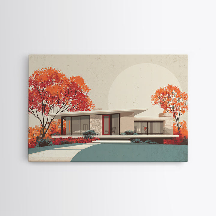 Autumn Mid Century House With Orange Trees Wall Art, Retro Modern Architecture Print, MCM Home Decor, Large Canvas Poster
