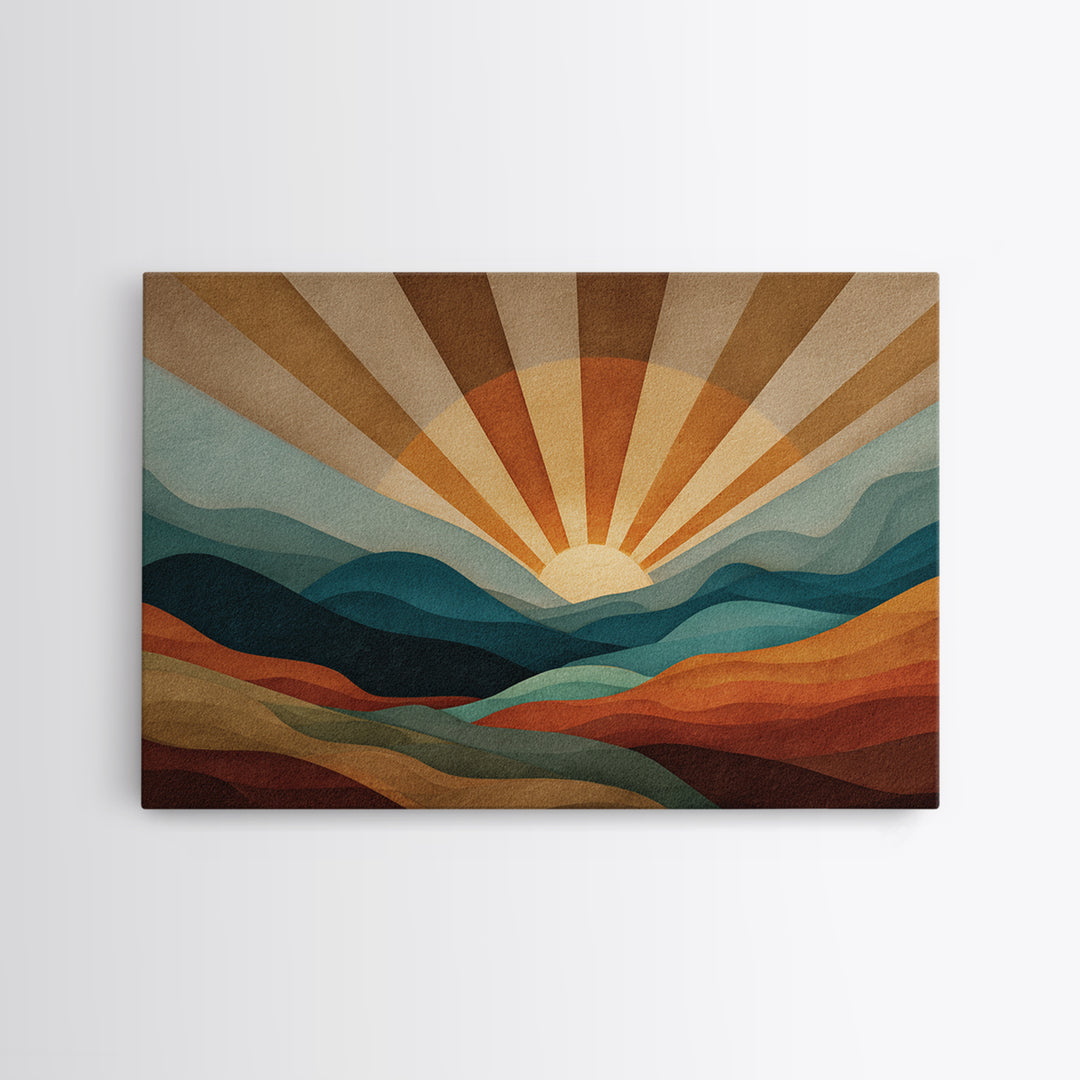 Layered Mountain Sunrise In Teal And Rust Canvas Print, Mid Century Modern Abstract Wall Art, Retro Boho Living Room Decor