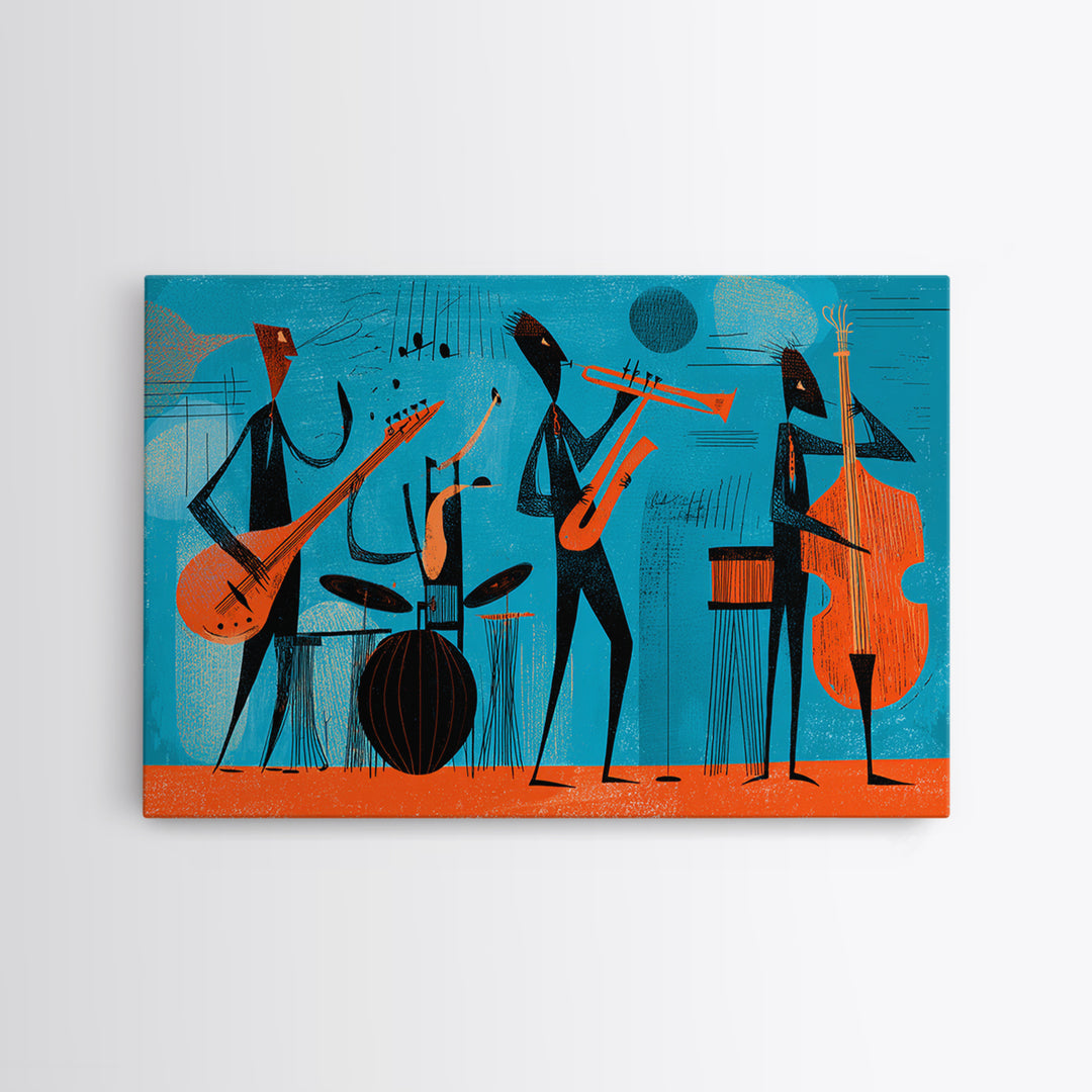Teal Orange Midcentury Jazz Band With Drums And Bass Canvas Print, Atomic Modern Wall Art, Retro Music Room Decor, Poster