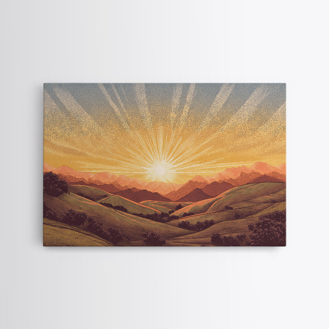 Golden Sunrise Over Rolling Hills Wall Art, Scenic Landscape Poster, Mid Century Modern Nature Art, Warm Bedroom Decor Print