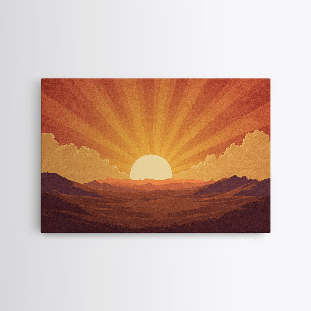 Orange Desert Sunrise Wall Art, Retro Sunburst Landscape Print, Mid Century Modern Decor, Warm Southwestern Living Room Art