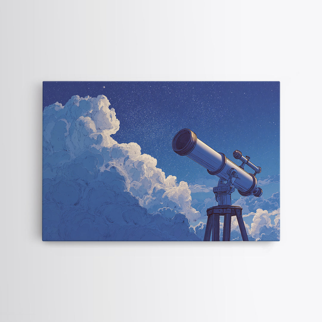 Blue Cloud Telescope Framed Canvas Print, Dreamy Night Sky Illustration, Astronomy Wall Decor For Modern Bedroom And Office Art