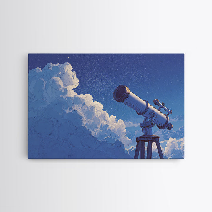 Blue Cloud Telescope Framed Canvas Print, Dreamy Night Sky Illustration, Astronomy Wall Decor For Modern Bedroom And Office Art
