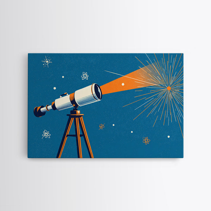 Mid Century Telescope Beam Wall Art, Atomic Space Illustration, Blue Orange Retro Poster For Modern Science Room Home Decor
