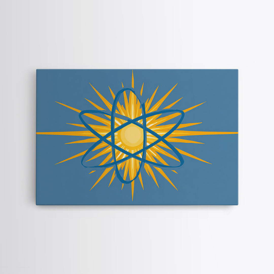 Blue Atom Sunburst Wall Art, Mid Century Modern Science Print, Atomic Geometric Poster For Office And Kids Room Home Decor