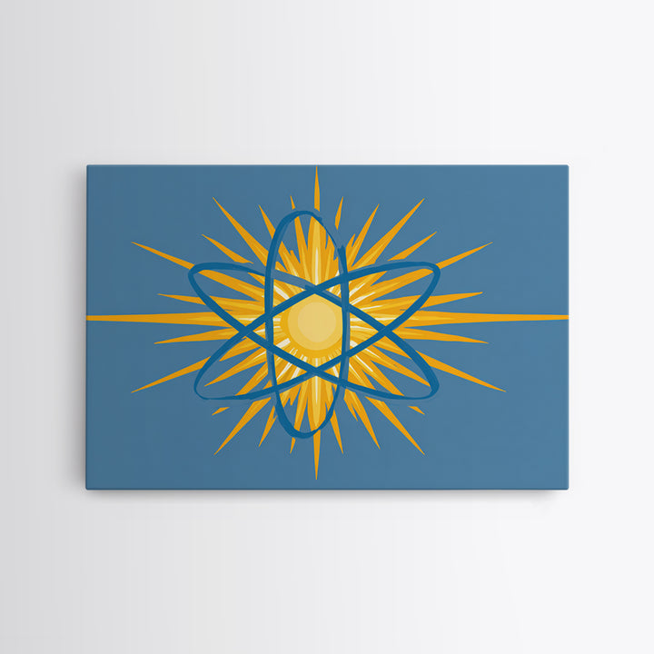 Blue Atom Sunburst Wall Art, Mid Century Modern Science Print, Atomic Geometric Poster For Office And Kids Room Home Decor