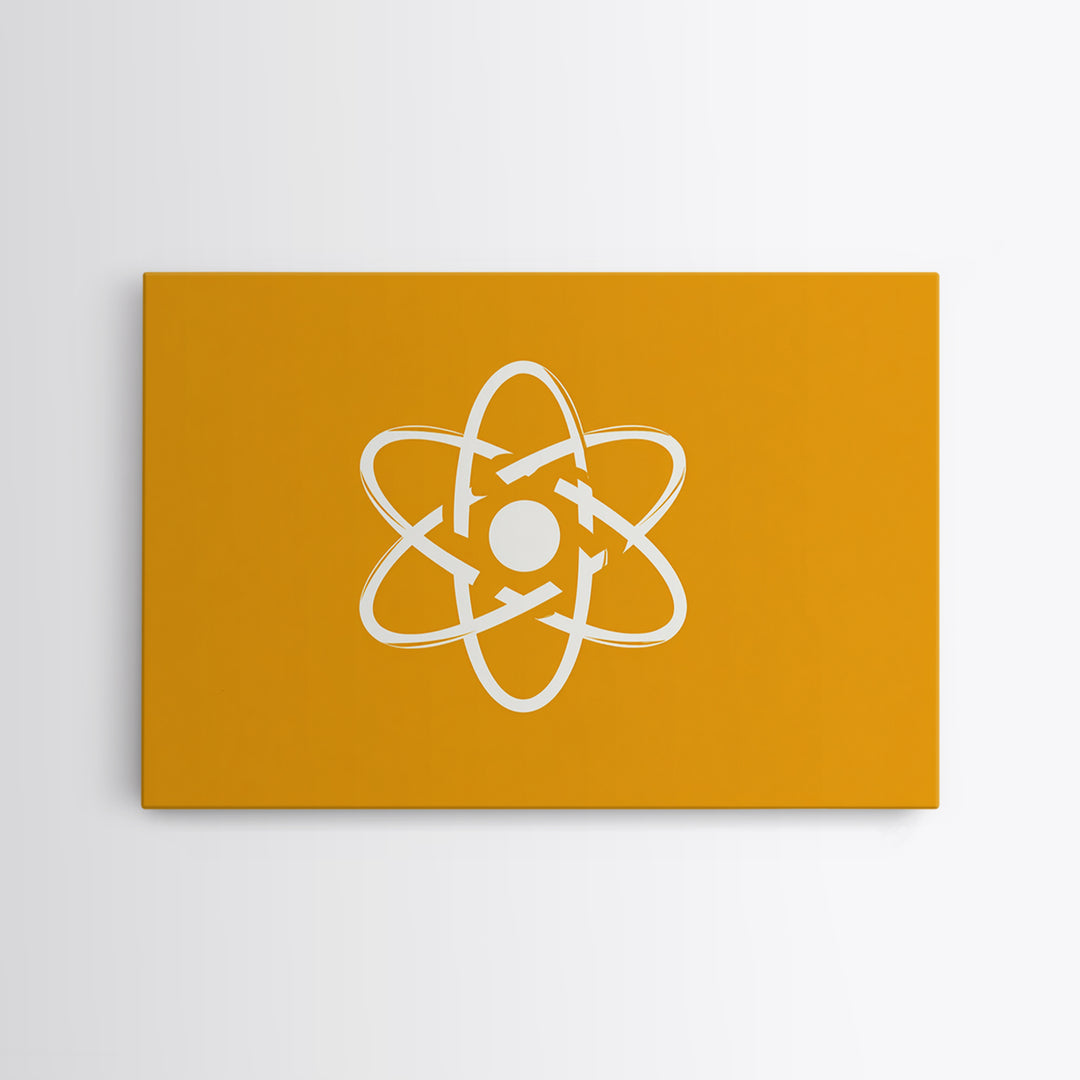 White Atom Symbol Canvas Print, Minimal Orange Science Poster, Mid Century Modern Wall Art For Office And Classroom Decor