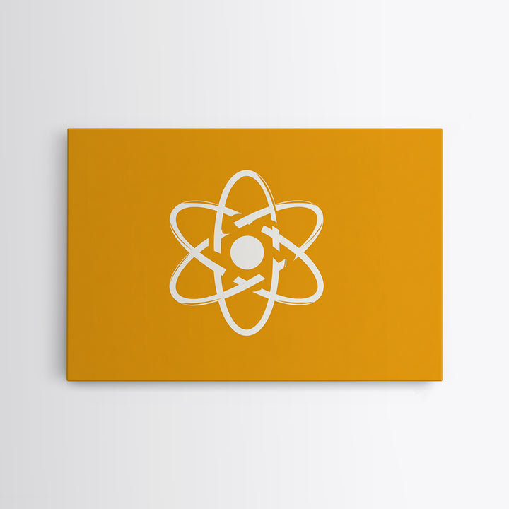 White Atom Symbol Canvas Print, Minimal Orange Science Poster, Mid Century Modern Wall Art For Office And Classroom Decor