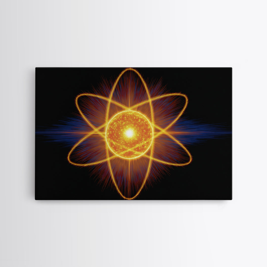 Glowing Atom Energy Wall Art, Black Space Science Print, Atomic Mid Century Modern Poster For Office And Man Cave Home Decor