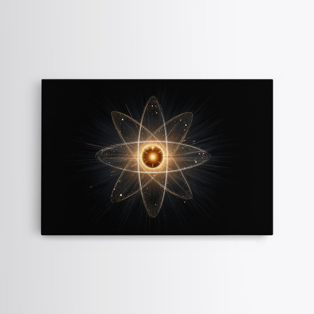 Glowing Atomic Starburst Orbit Wall Art, Midcentury Modern Science Poster, Black Gold Abstract Art Print, Retro Space Decor