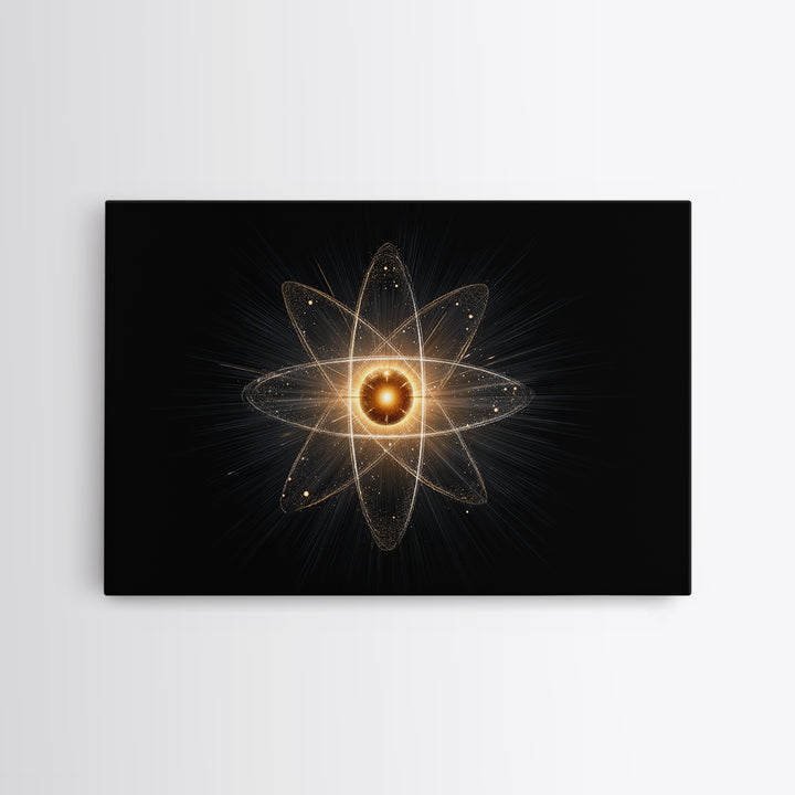 Glowing Atomic Starburst Orbit Wall Art, Midcentury Modern Science Poster, Black Gold Abstract Art Print, Retro Space Decor