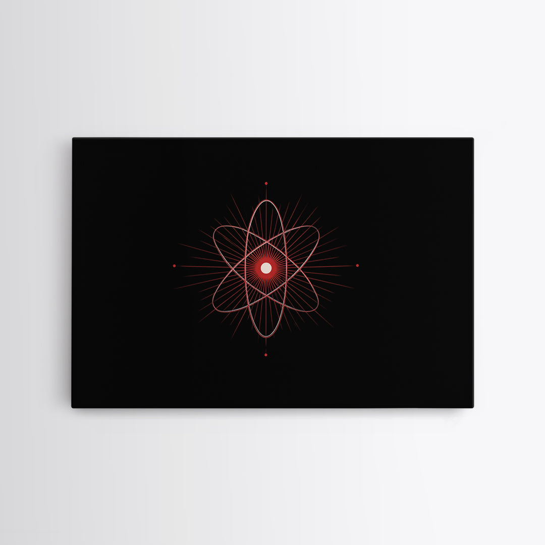 Red Atomic Orbit Canvas Print, Minimal Midcentury Science Poster, Black Space Wall Decor, Geometric Modern Abstract Art Print