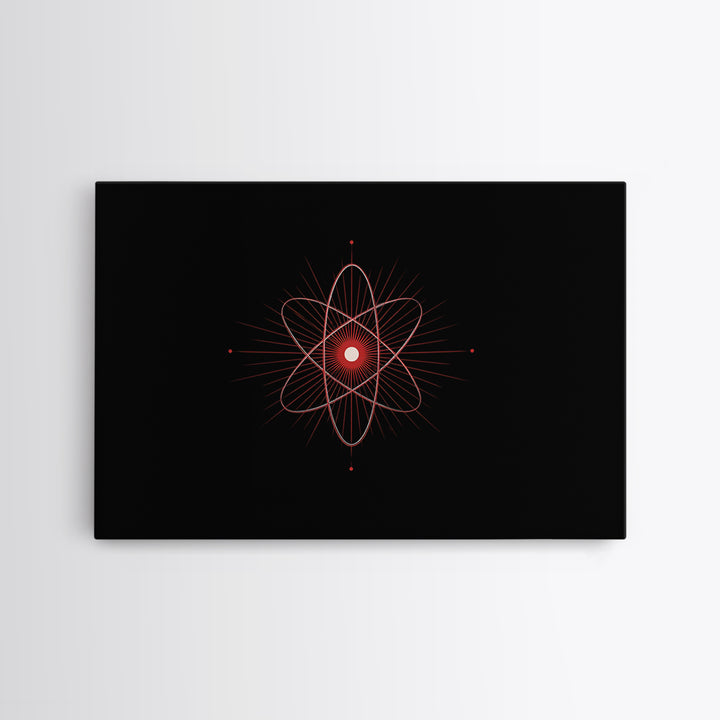 Red Atomic Orbit Canvas Print, Minimal Midcentury Science Poster, Black Space Wall Decor, Geometric Modern Abstract Art Print