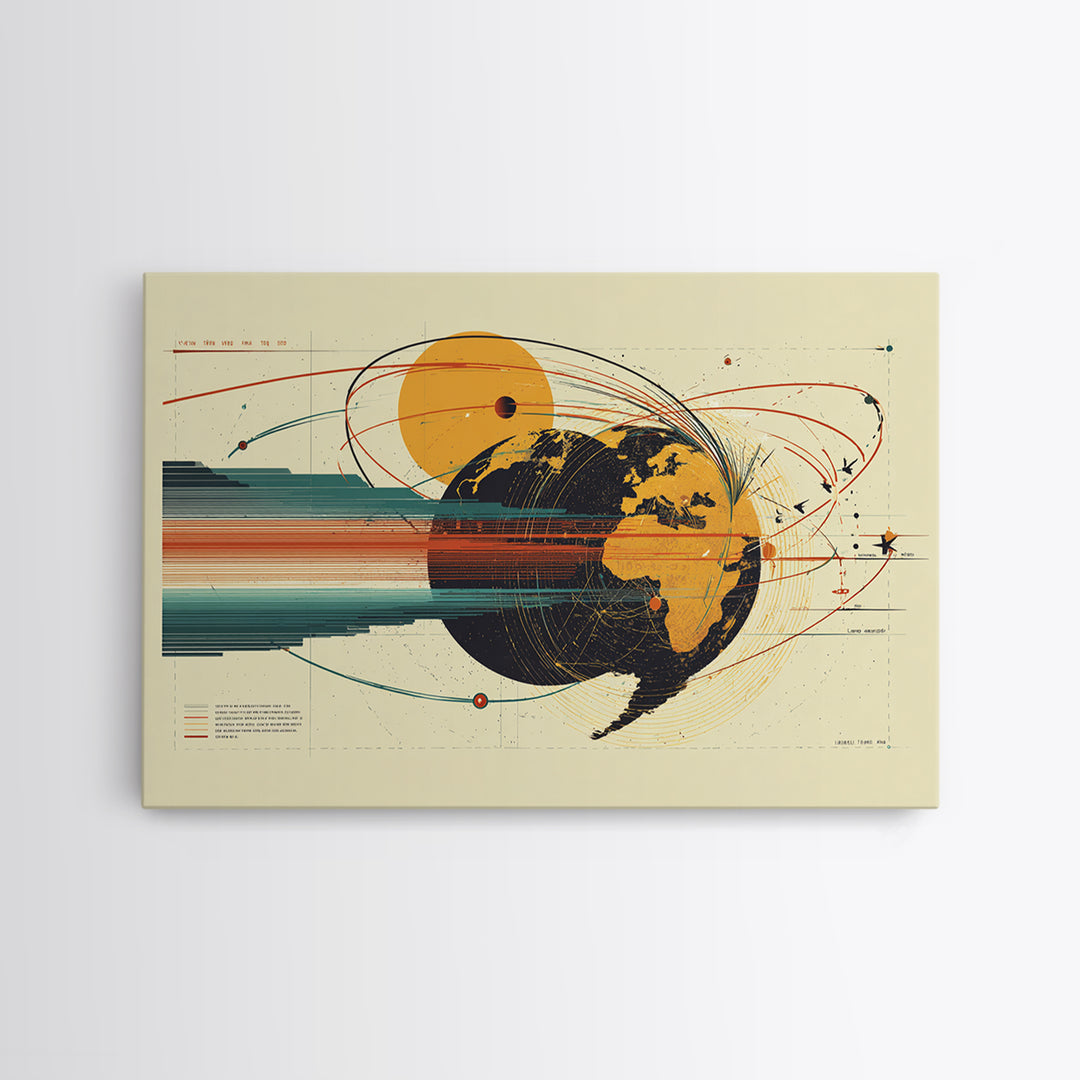 Retro Globe Orbit Wall Art, Midcentury Modern Map Poster, Orange Sun Abstract Geometric Print, Stylish MCM Home Office Decor