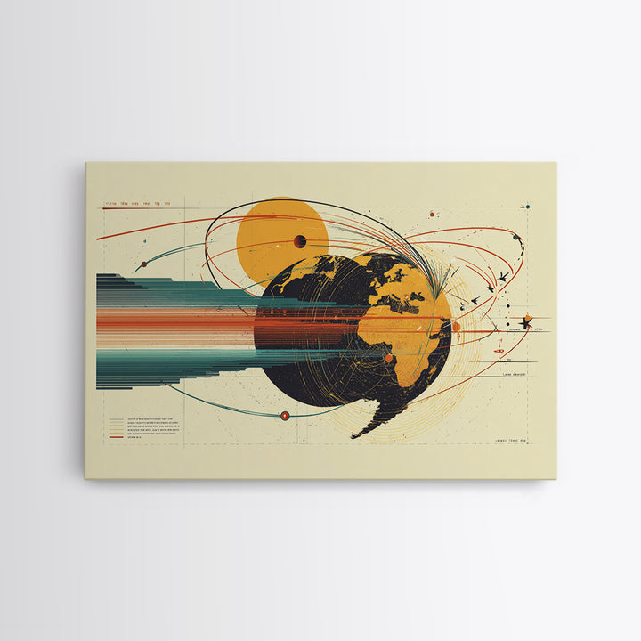 Retro Globe Orbit Wall Art, Midcentury Modern Map Poster, Orange Sun Abstract Geometric Print, Stylish MCM Home Office Decor