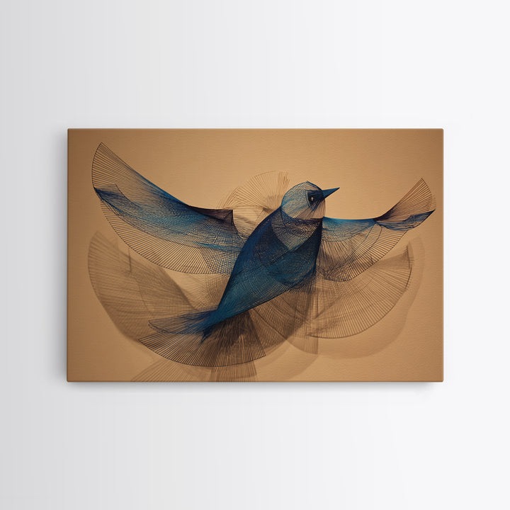 Blue Wire Bird Wall Art, Kinetic Sculpture Inspired Print, Midcentury Modern Abstract Animal Art, Minimalist Tan Home Decor