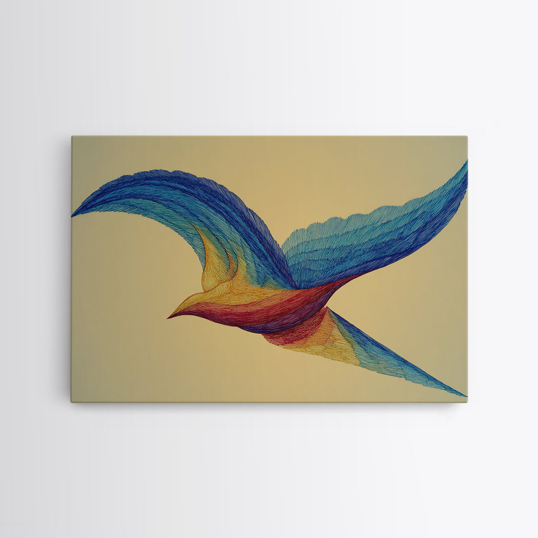 Rainbow Wire Bird Canvas Print, Flowing Kinetic Sculpture Art, Midcentury Modern Abstract Wall Art, Bright Colorful Home Decor