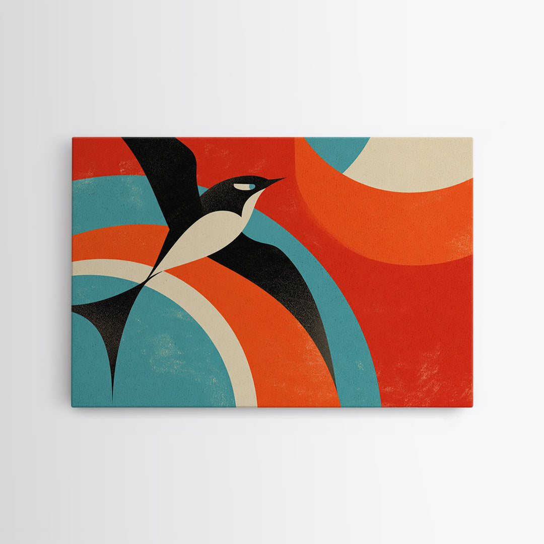 Modern Penguin Bird With Red Sun Canvas Print, Mid Century Modern Wall Decor, Retro Geometric Poster, Colorful Nursery Art