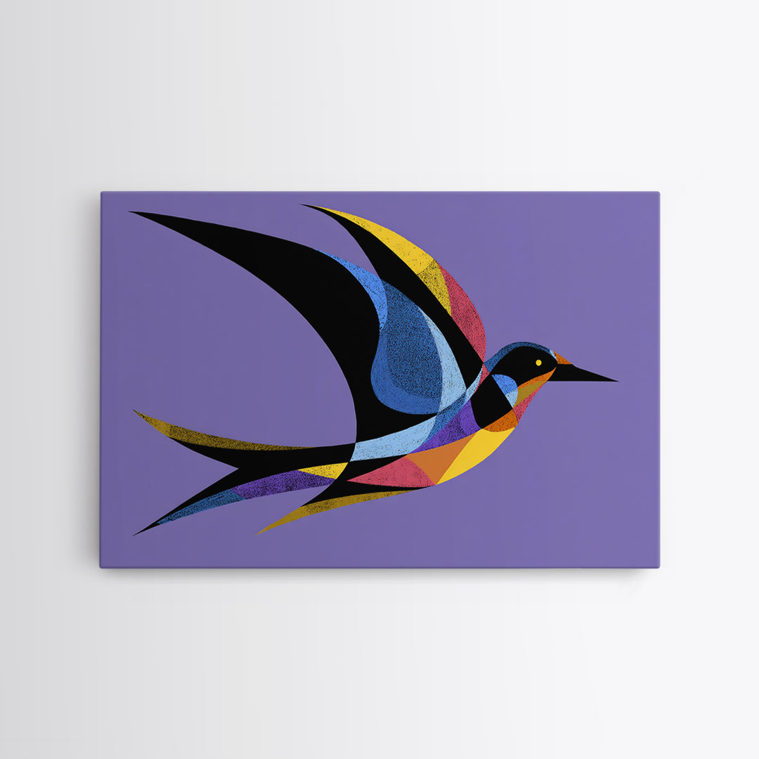 Colorful Swallow Bird On Purple Framed Canvas Print, Mid Century Modern Wall Art, Retro Atomic Decor, Geometric Art Print