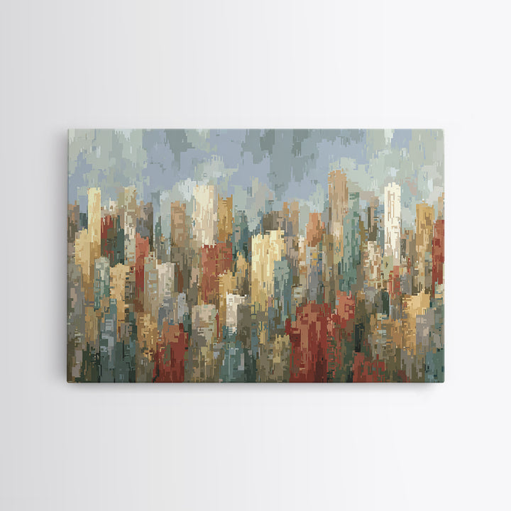 Rainy Impressionist City Skyline Framed Canvas Print, Modern Wall Art, Urban Landscape Decor, Office Poster, Soft Abstract Art