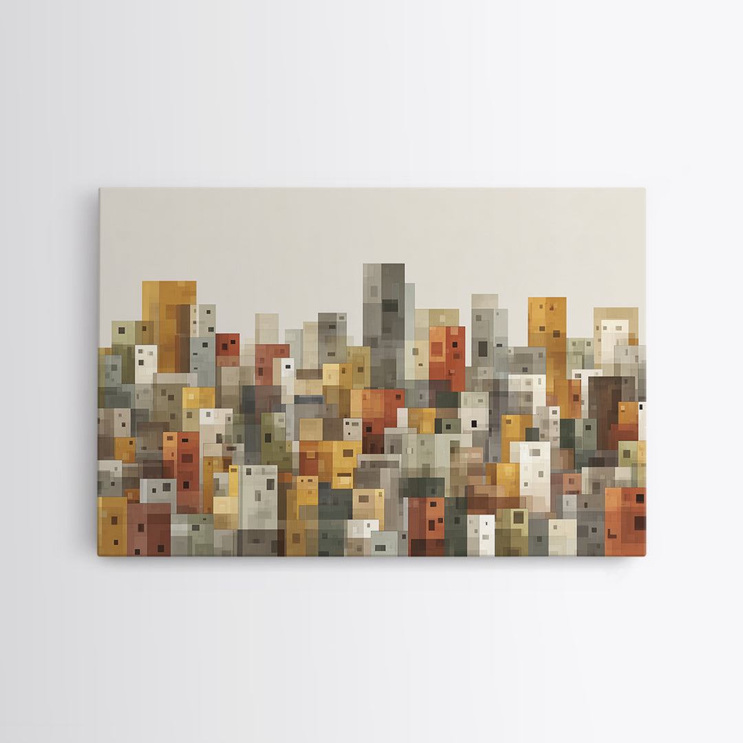 Whimsical Cubist City Blocks Canvas Print, Mid Century Modern Wall Art, Geometric Buildings Decor, Kids Room Cityscape Poster