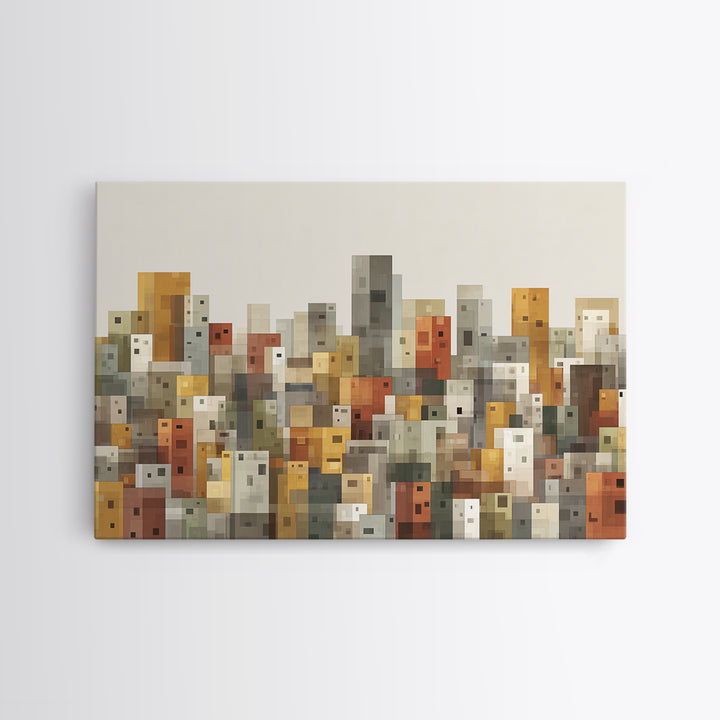 Whimsical Cubist City Blocks Canvas Print, Mid Century Modern Wall Art, Geometric Buildings Decor, Kids Room Cityscape Poster