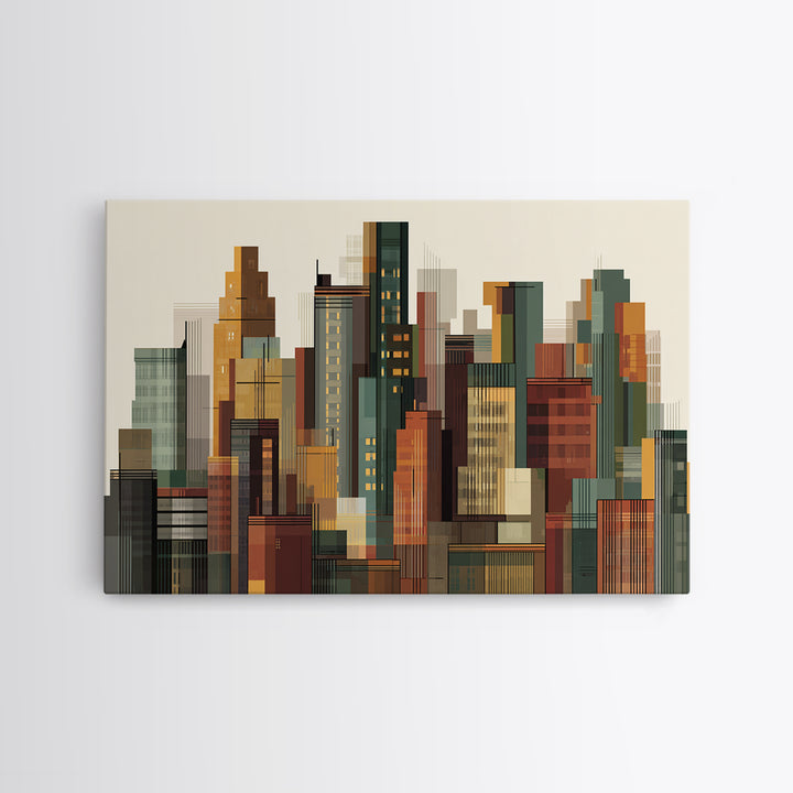 Architectural City Skyline Wall Art, Mid Century Modern Urban Decor, Geometric Building Print, MCM Office Poster, Warm Neutral