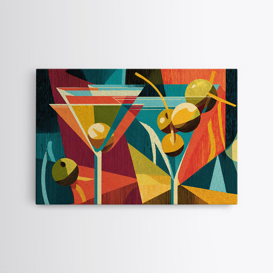 Retro Martini With Olives Canvas Print, Mid Century Modern Bar Cart Wall Art, Cocktail Decor, Colorful Geometric Kitchen Poster