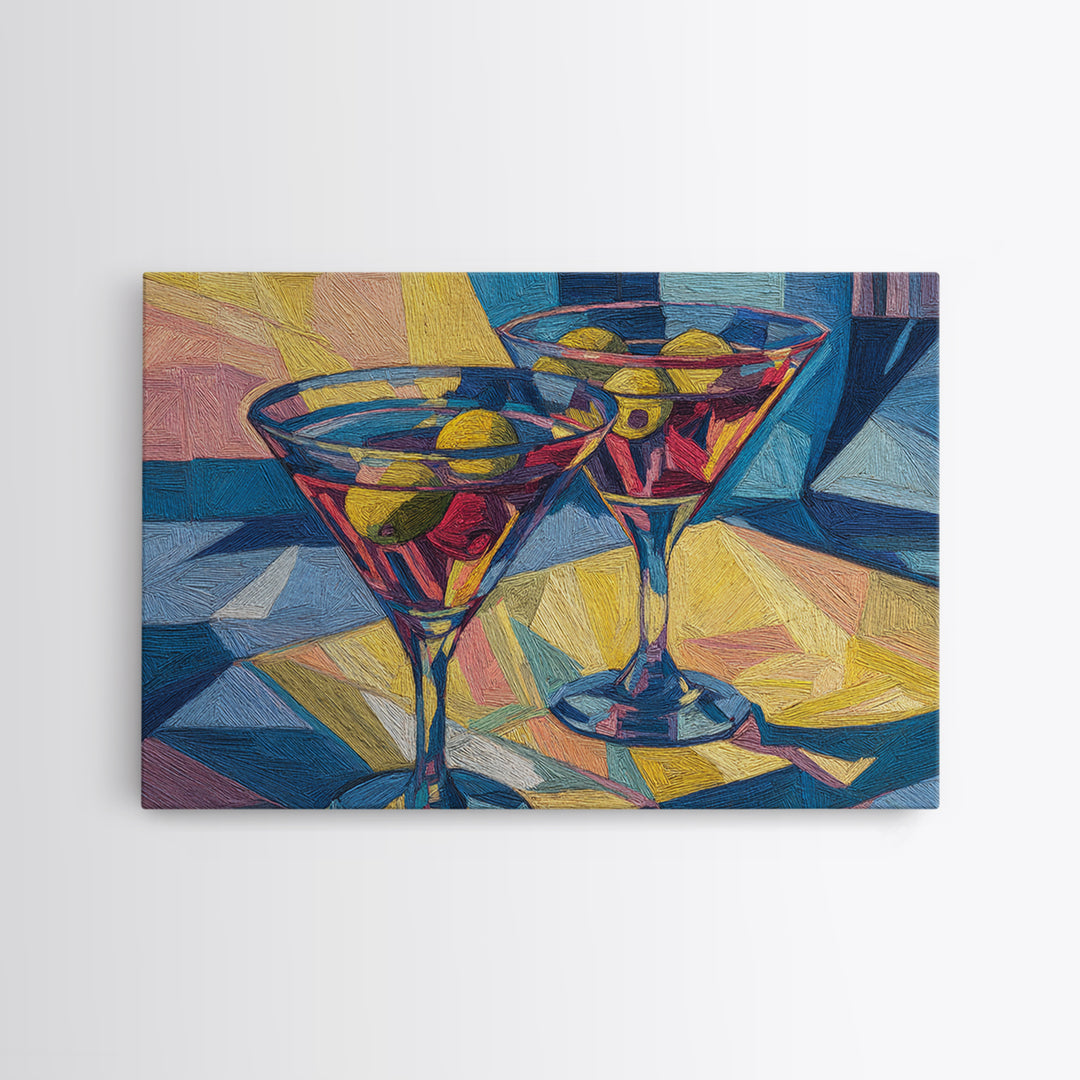Cubist Martini Glasses With Olives Framed Canvas Print, Retro Cocktail Wall Art, Mid Century Modern Bar Cart Kitchen Decor