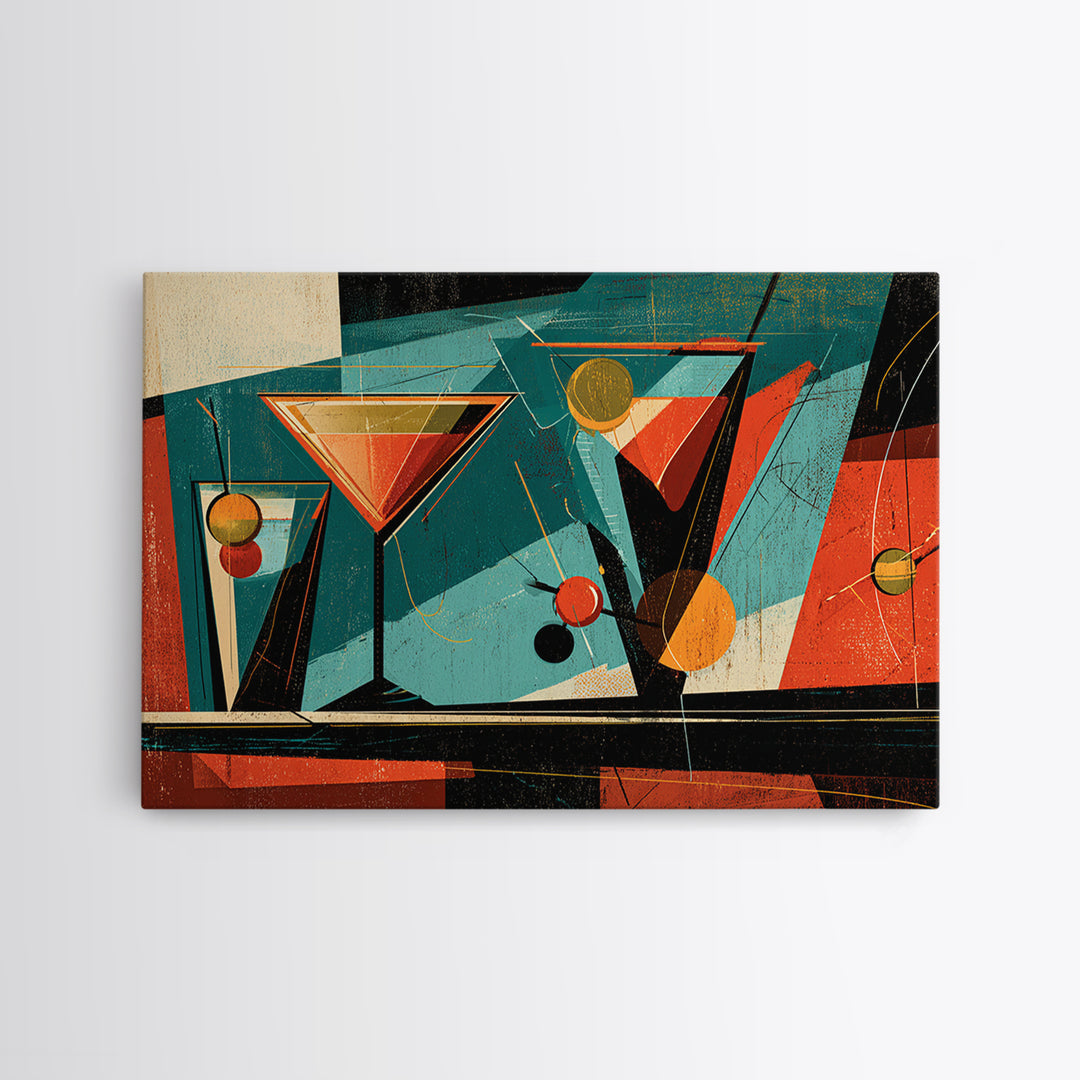 Teal Martini Glasses Abstract, Midcentury Modern Wall Art, Retro Cocktail Bar Poster, Colorful Geometric MCM Decor Print Gift