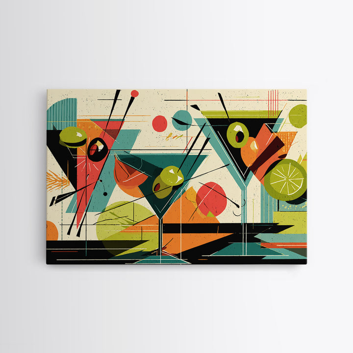 Olive Martini Glasses With Lime, Midcentury Modern Wall Art, Retro Cocktail Print, Atomic Bar Decor, Colorful MCM Poster