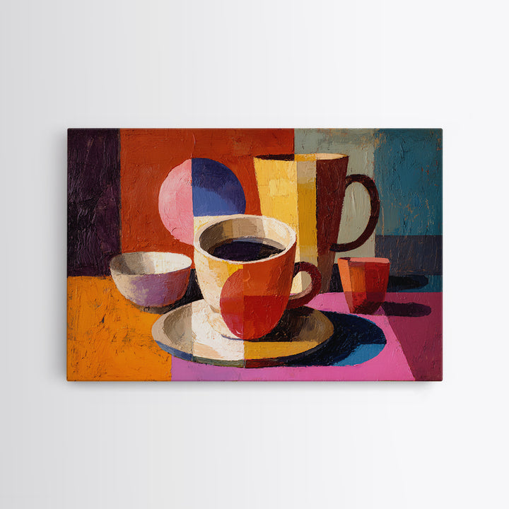 Cubist Coffee Cups Still Life, Framed Canvas Print, Midcentury Kitchen Art, Retro Coffee Poster, Colorful Home Decor Print