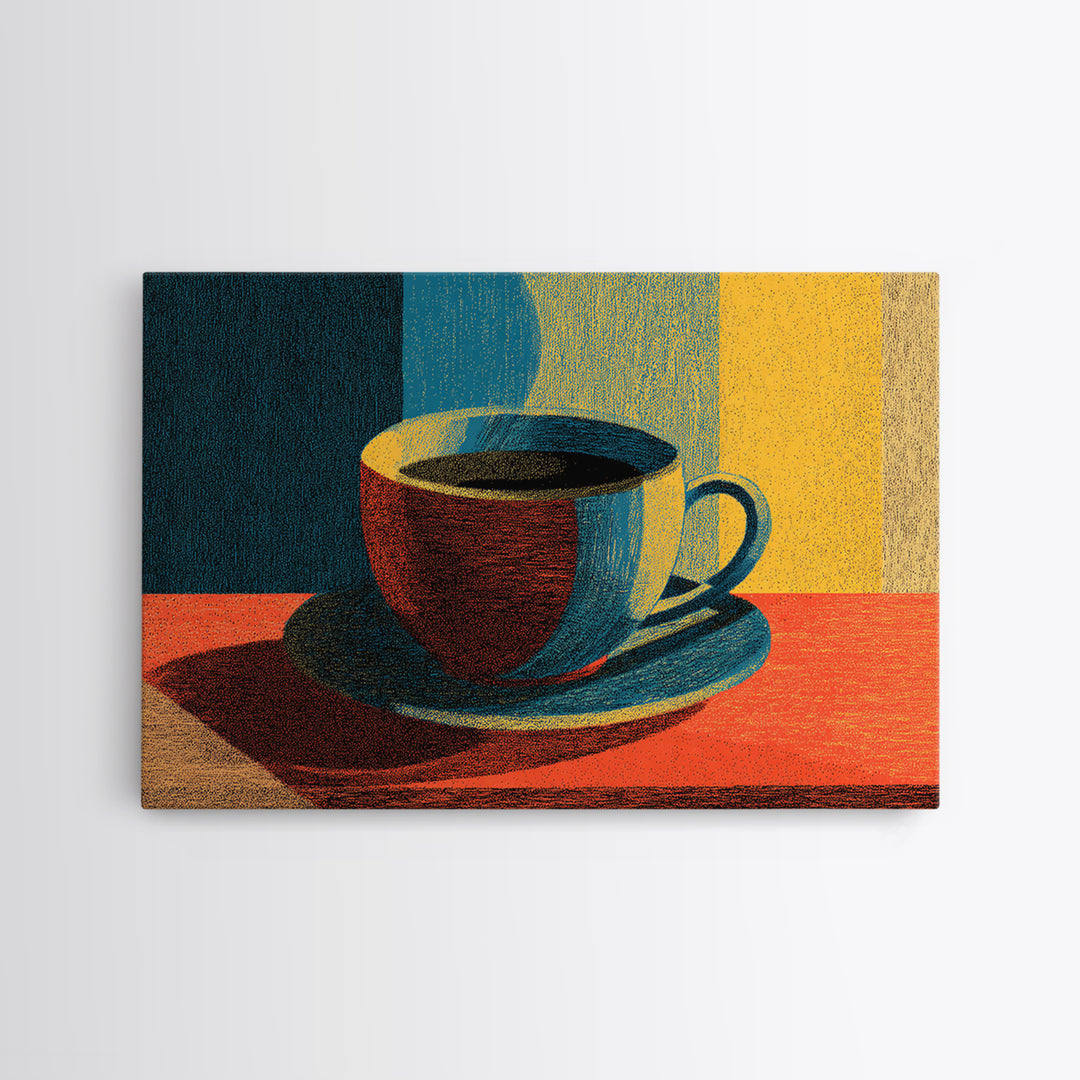 Sunlit Coffee Cup Still Life, Canvas Print, Midcentury Modern Art, Retro Kitchen Poster, Warm Orange Blue Wall Decor Print