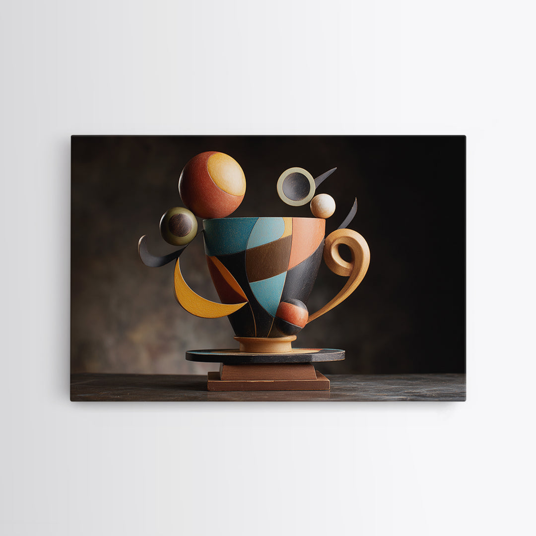 Geometric Sculptural Teacup Still Life, Framed Canvas Print, Midcentury Modern Artwork, Abstract Coffee Decor Statement Piece