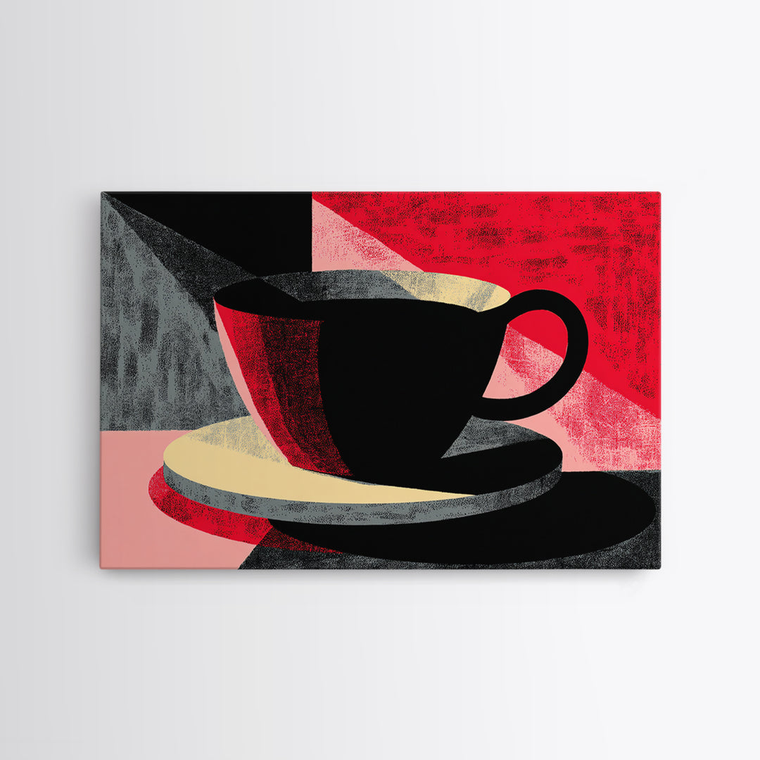 Black Coffee Cup On Pink Red Abstract, Wall Art, Modern Kitchen Poster, Retro Cafe Print, Bold Geometric Home Decor Gift