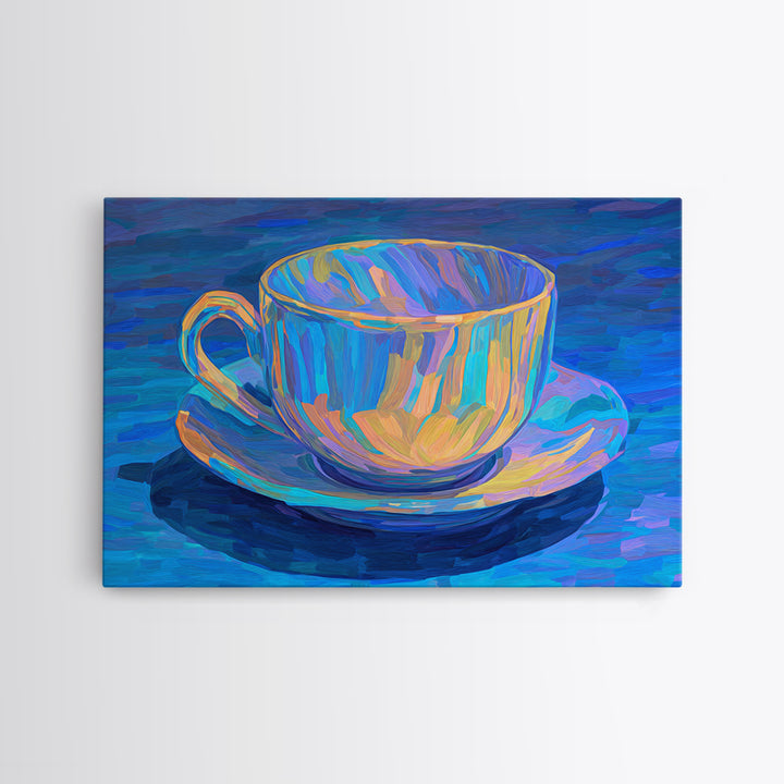 Iridescent Blue Teacup Still Life, Canvas Print, Colorful Modern Art Print, Painterly Cafe Decor, Vibrant Kitchen Wall Art