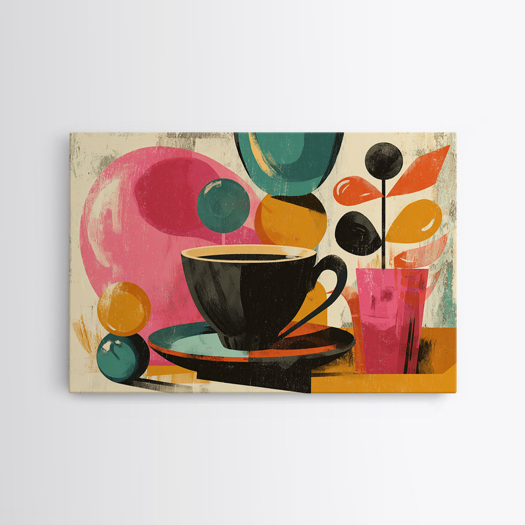 Black Coffee Cup With Pink Circles, Midcentury Modern Wall Art, Retro Cafe Poster, Abstract Botanical Shapes Home Decor Print