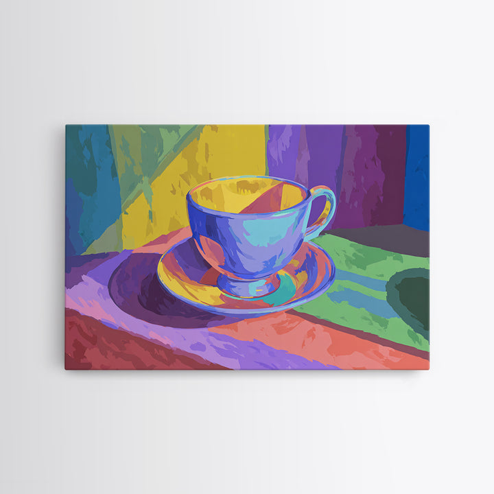 Rainbow Blue Teacup Still Life, Framed Canvas Print, Colorful Modern Wall Art, Retro Kitchen Poster, Bright Home Decor Gift