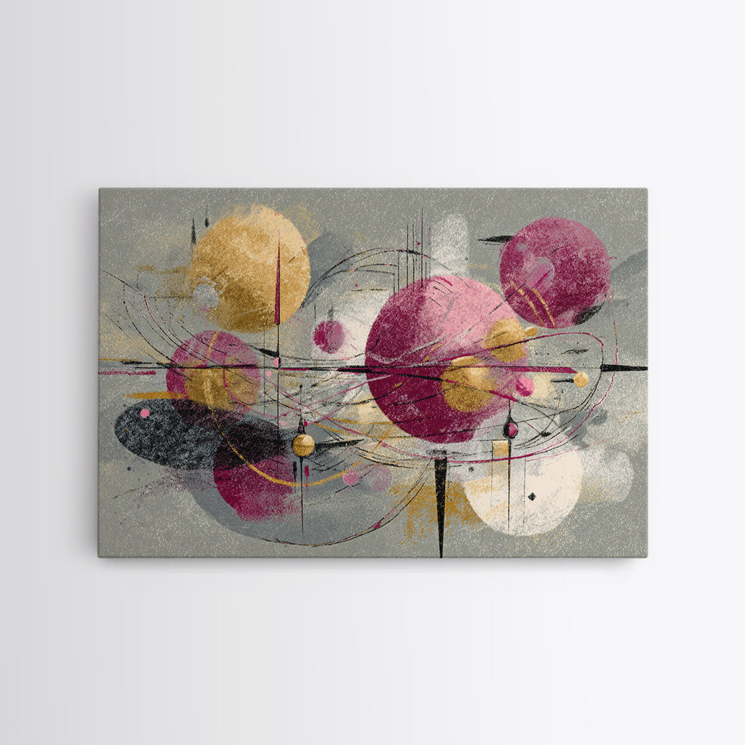 Magenta Gold Atomic Orbits Abstract Wall Art, Midcentury Modern Art Print, Retro Geometric Decor, Bold MCM Wall Decor Prints