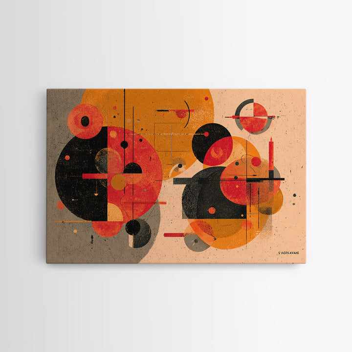 Orange Black Geometric Circles Canvas Print, Midcentury Modern Art, Atomic Retro Poster, Abstract Wall Decor For Living Room
