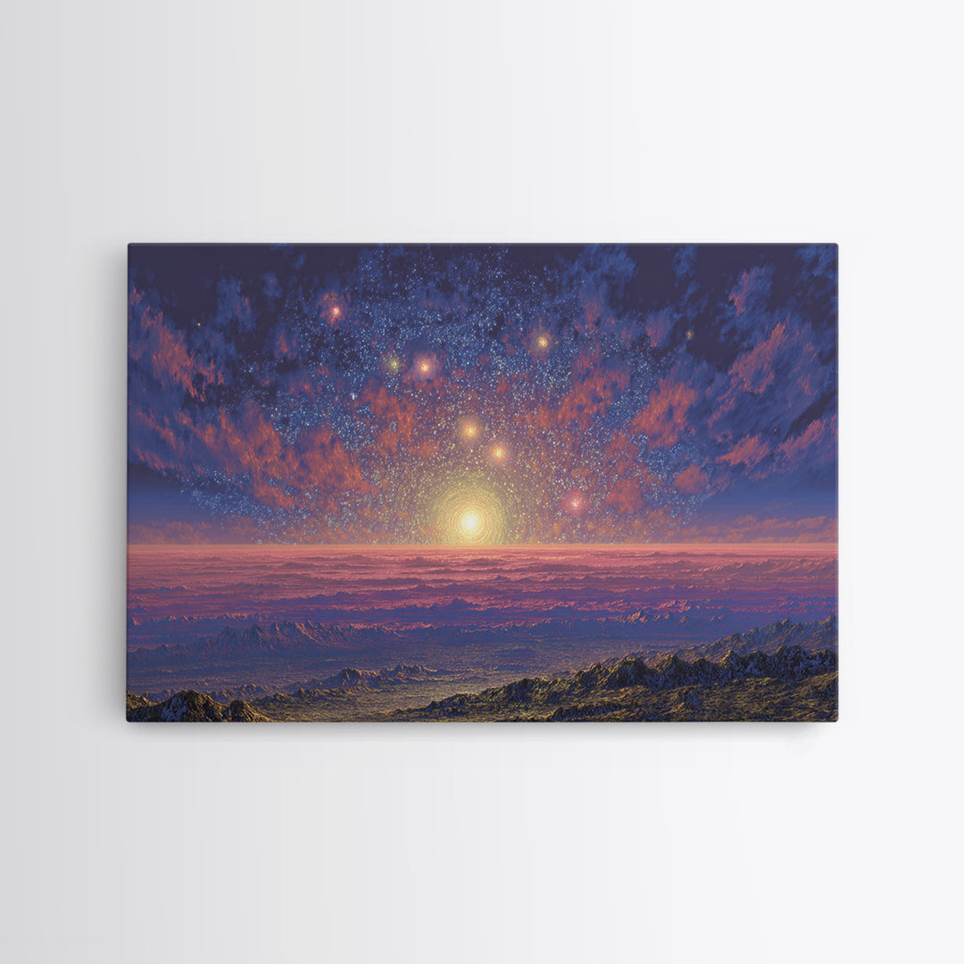 Starry Mountain Sunrise Canvas Print, Scenic Space Abstract Art, Blue Pink Landscape Wall Decor, Modern Home Art Poster Gift