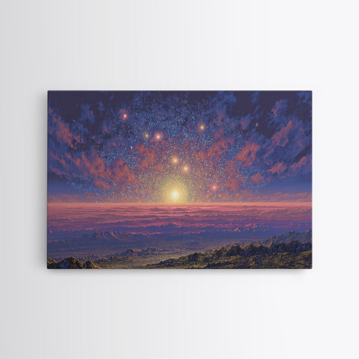 Starry Mountain Sunrise Canvas Print, Scenic Space Abstract Art, Blue Pink Landscape Wall Decor, Modern Home Art Poster Gift