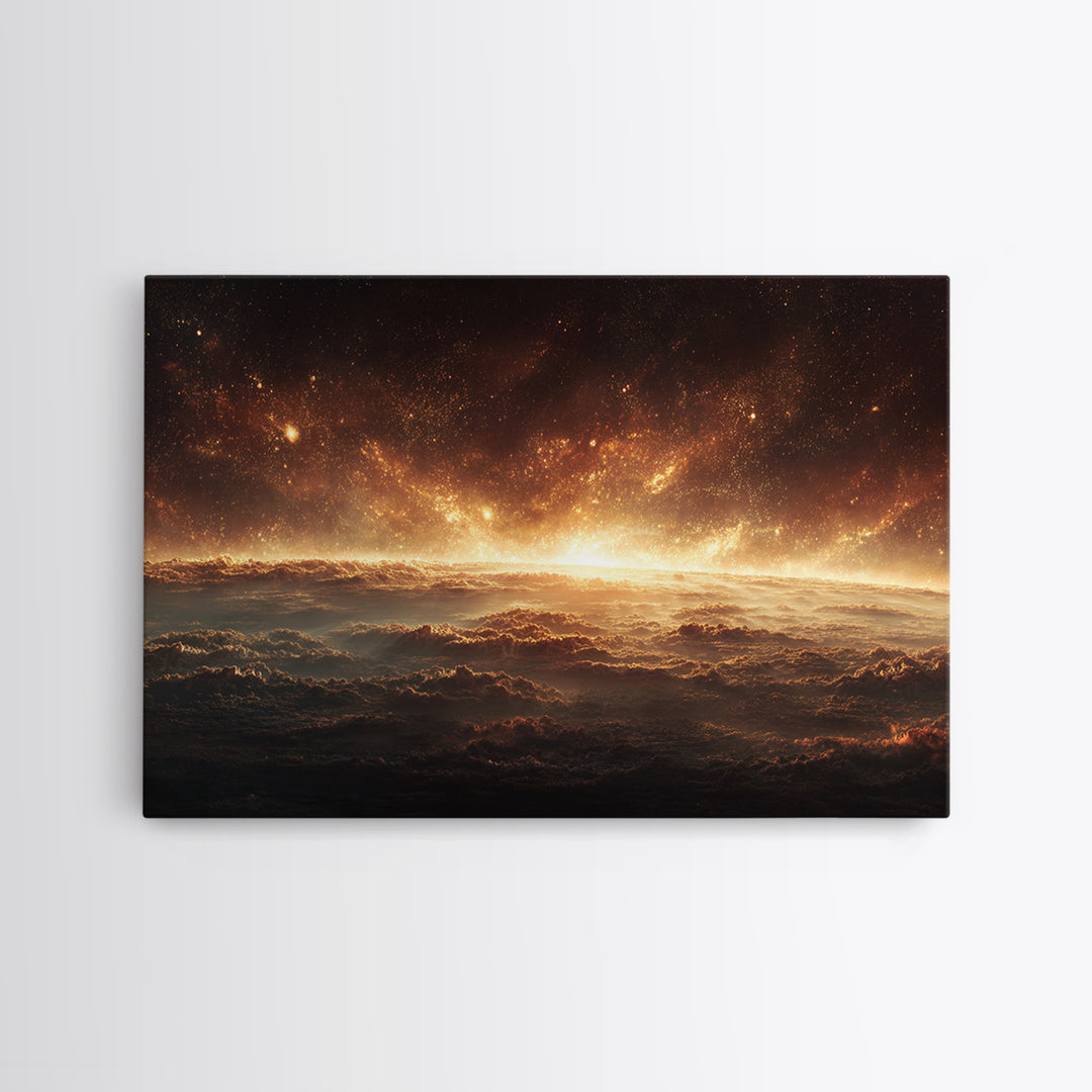 Golden Cosmic Horizon Framed Canvas Print, Space Abstract Art, Starry Cloudscape Wall Decor, Modern Wall Art For Bedroom